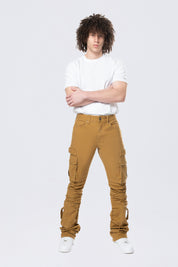 Stacked Flared Cargo Strap Canvas Pants - Wheat