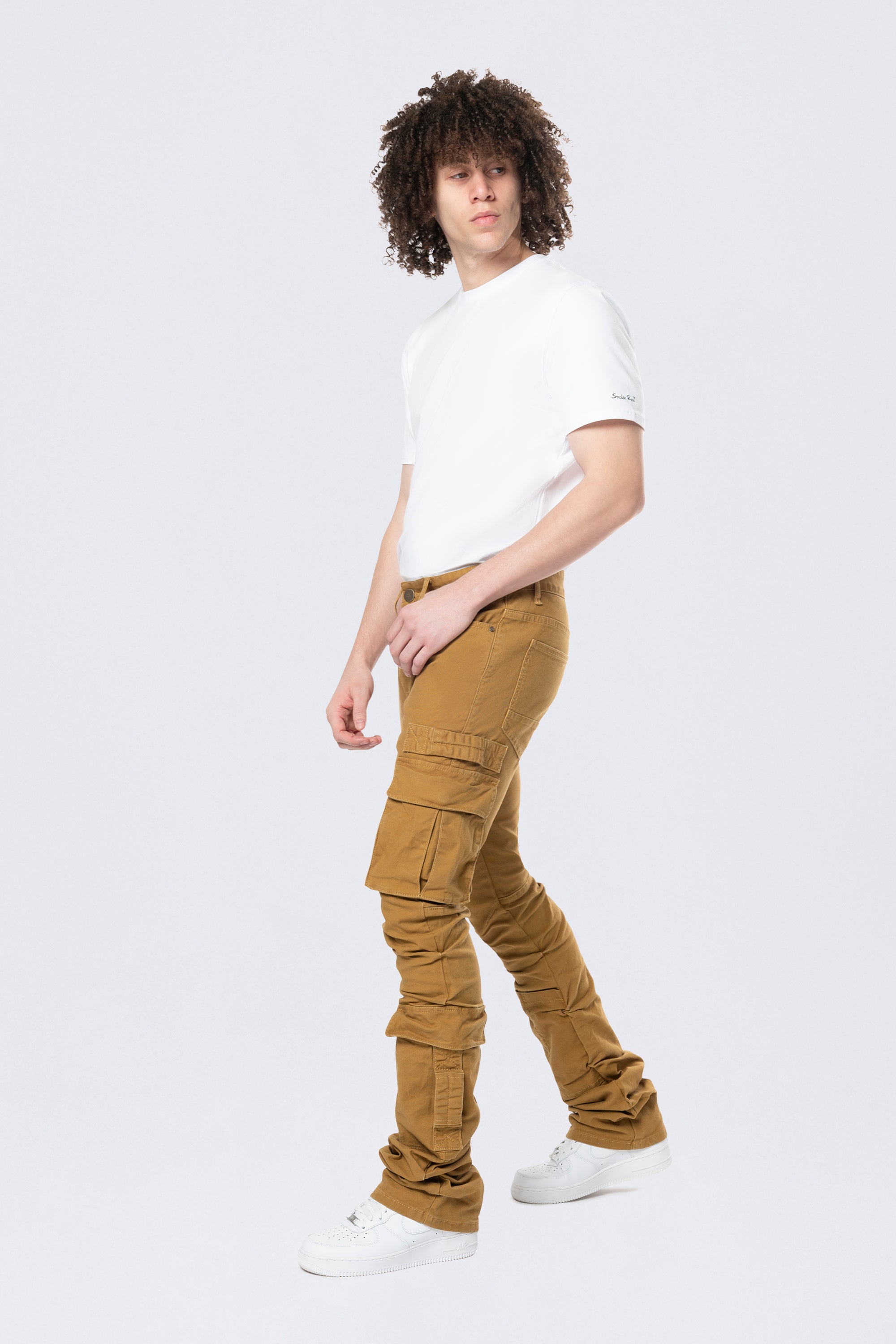 Stacked Flared Cargo Strap Canvas Pants - Wheat