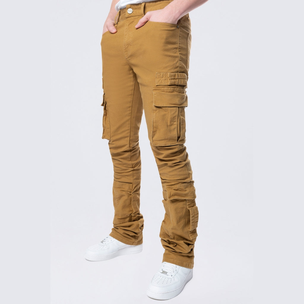 Smoke Rise Stacked Flared Cargo Strap Canvas Pants - Wheat