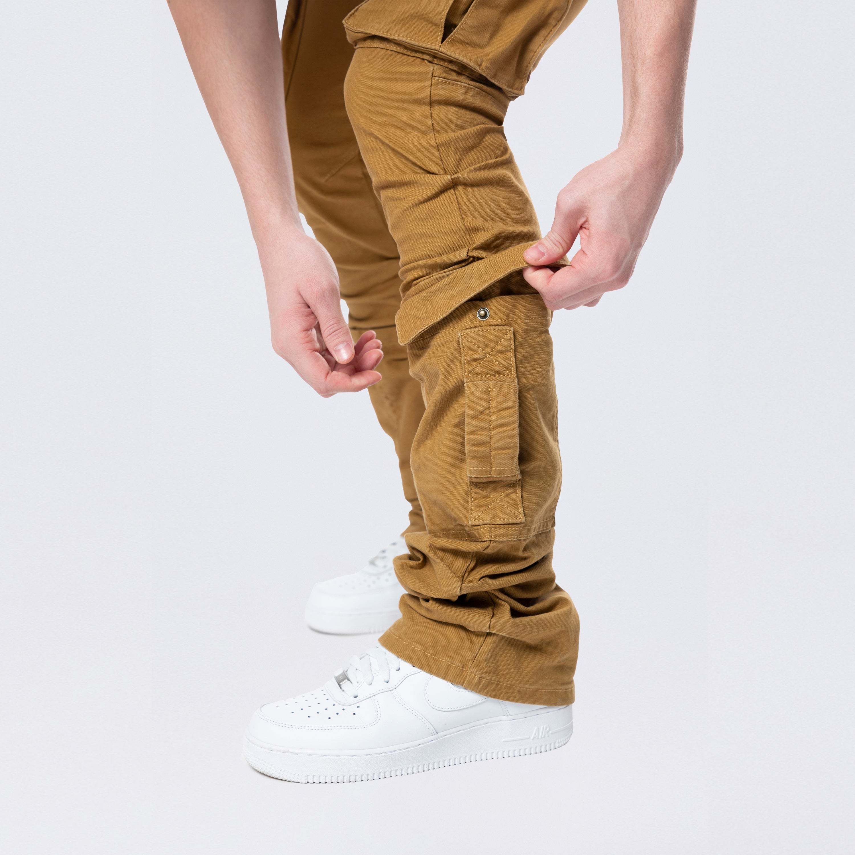 Stacked Flared Cargo Strap Canvas Pants - Wheat