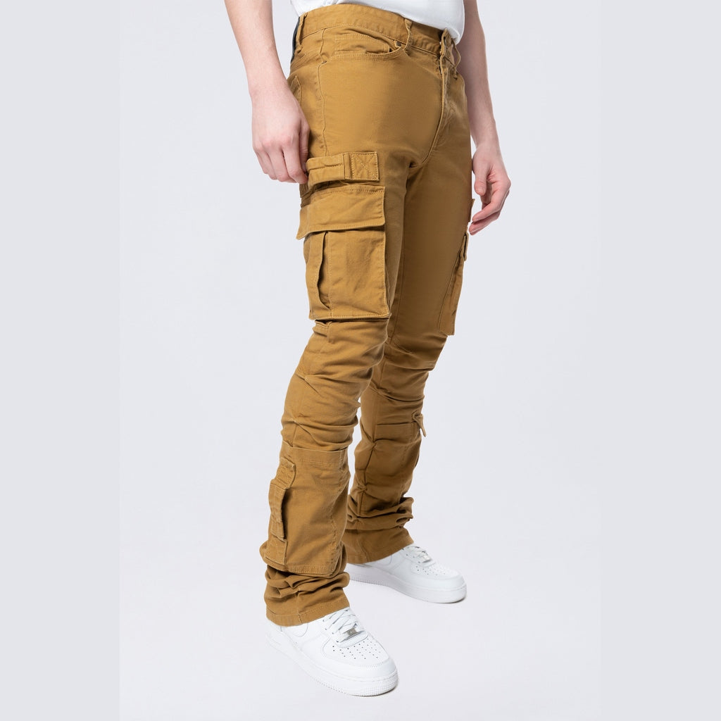 Smoke Rise Stacked Flared Cargo Strap Canvas Pants - Wheat