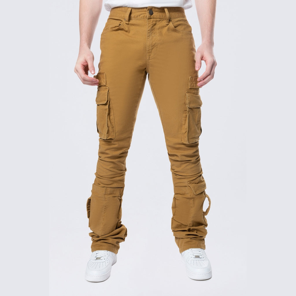 Smoke Rise Stacked Flared Cargo Strap Canvas Pants - Wheat