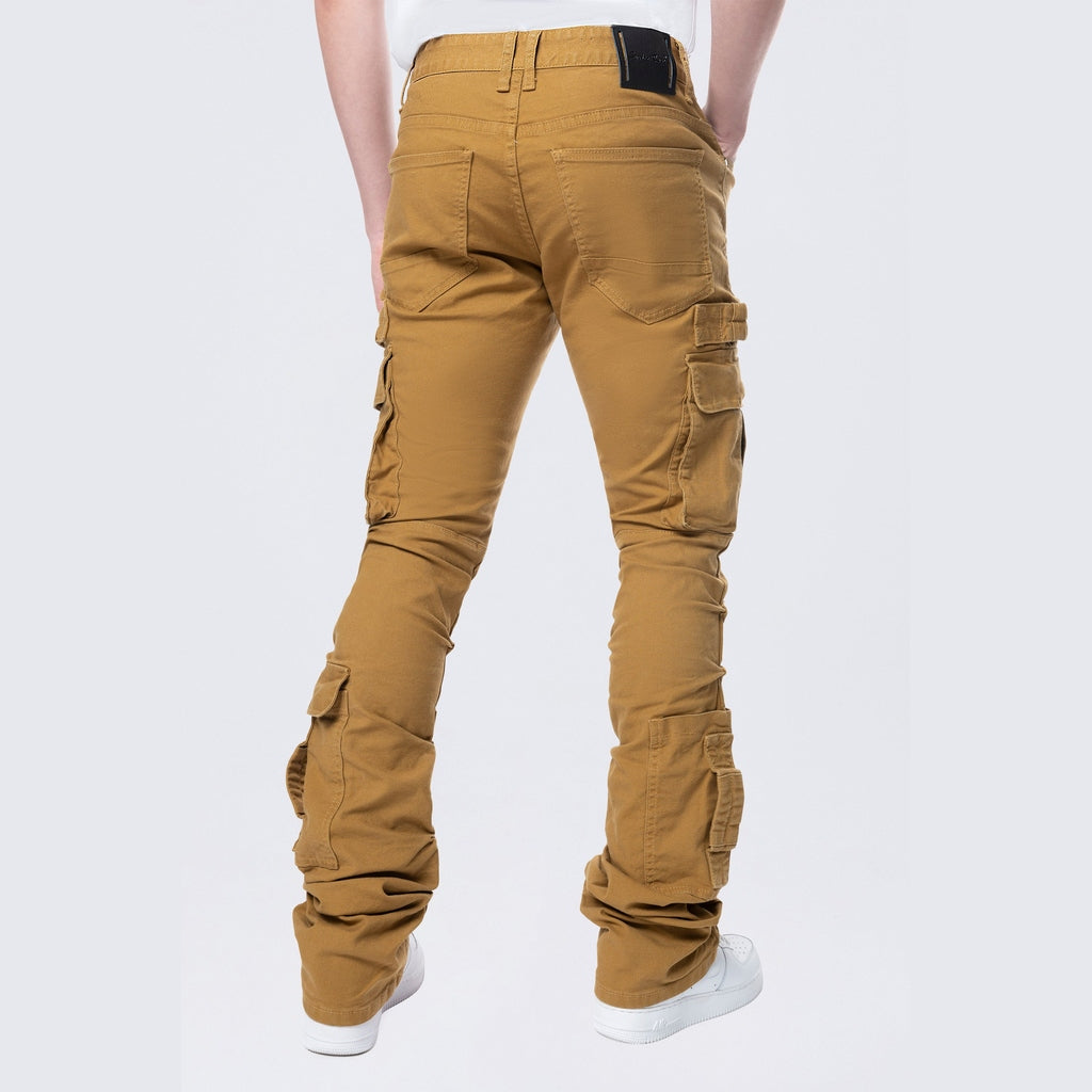 Smoke Rise Stacked Flared Cargo Strap Canvas Pants - Wheat