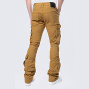 Smoke Rise Stacked Flared Cargo Strap Canvas Pants - Wheat