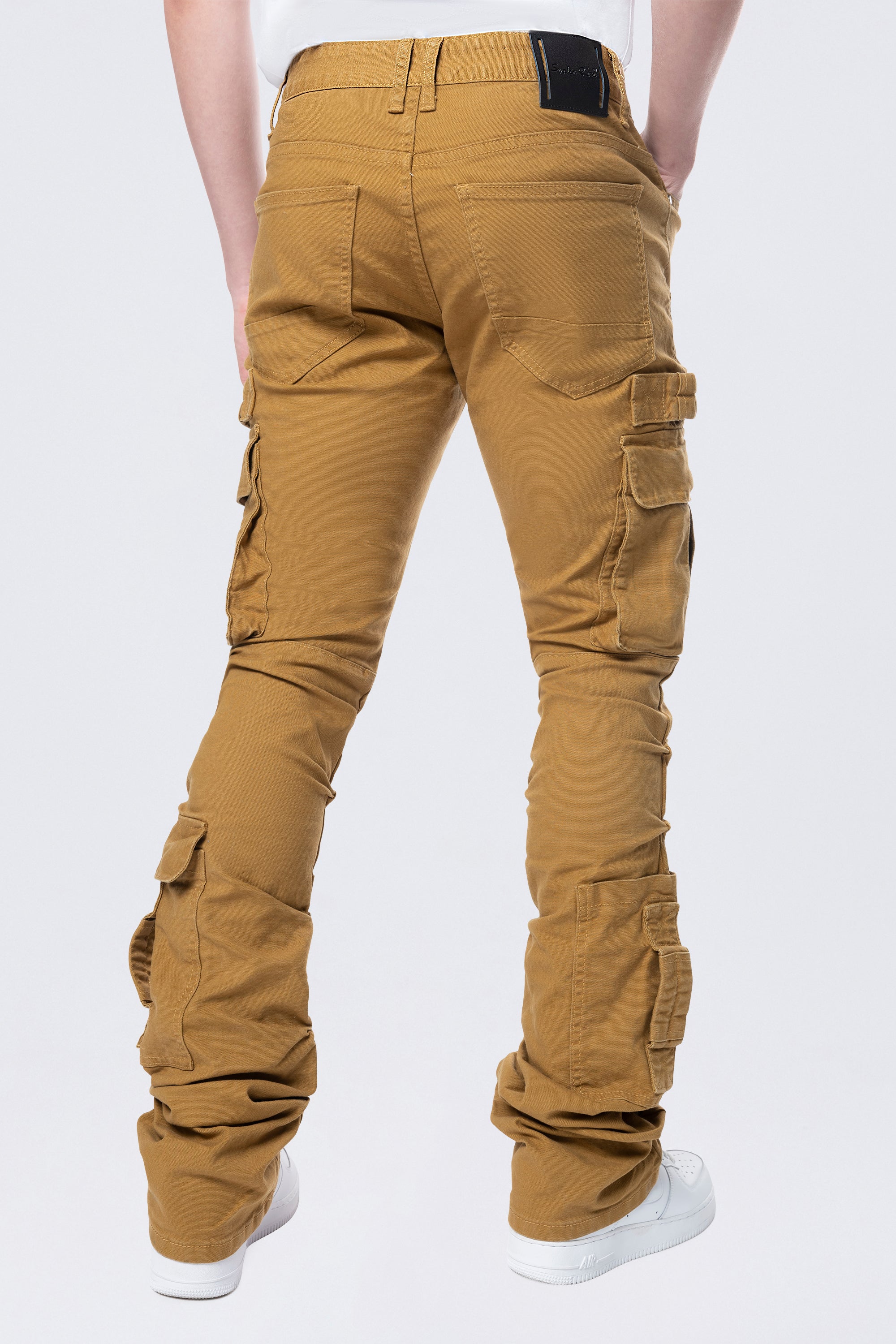 Stacked Flared Cargo Strap Canvas Pants - Wheat