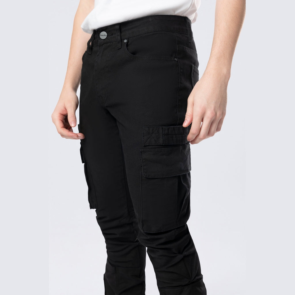 Smoke Rise Stacked Flared Cargo Strap Canvas Pants - Black