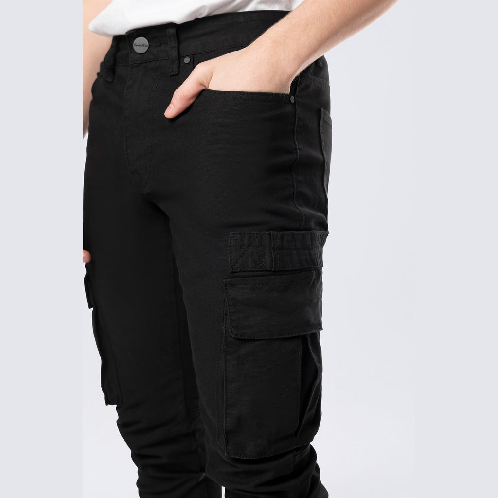 Smoke Rise Stacked Flared Cargo Strap Canvas Pants - Black