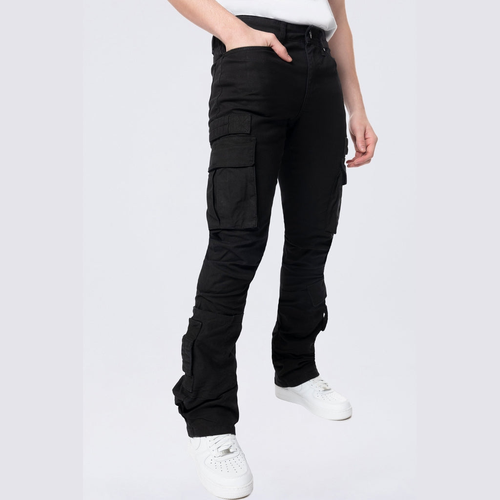 Smoke Rise Stacked Flared Cargo Strap Canvas Pants - Black