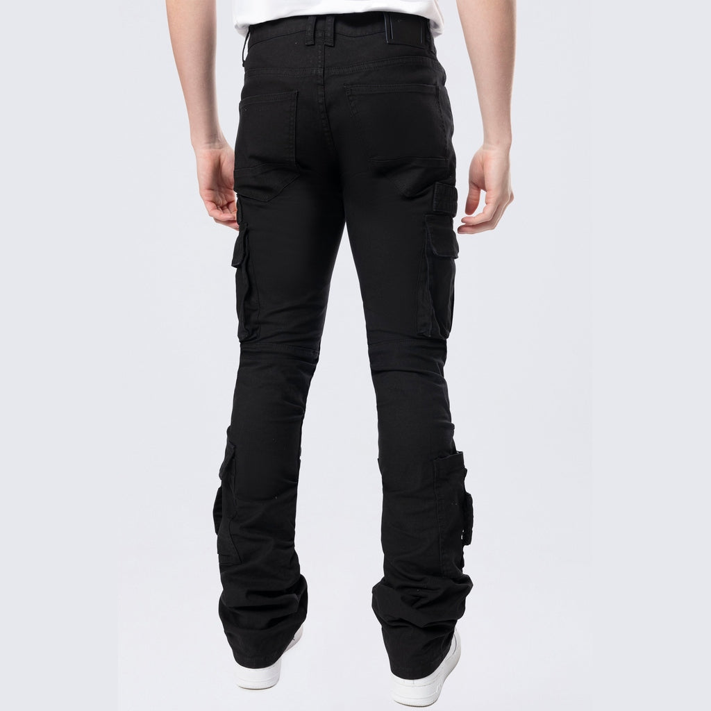 Smoke Rise Stacked Flared Cargo Strap Canvas Pants - Black