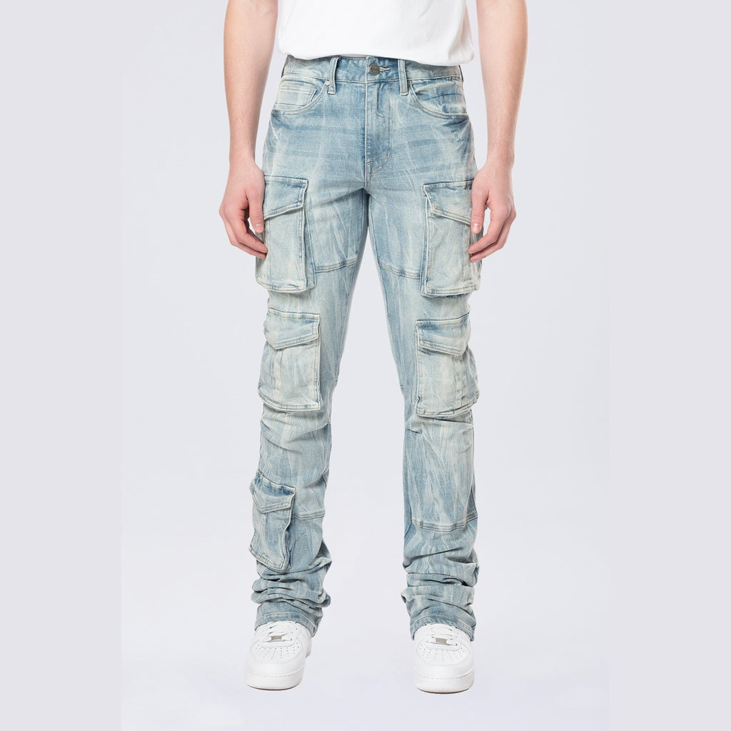 Smoke Rise Stacked Flared Multi Pocket Cargo Jeans - Syosett Blue