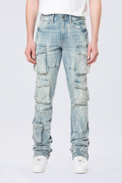 Stacked Flared Multi Pocket Cargo Jeans - Syosett Blue