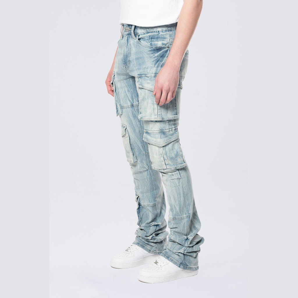 Smoke Rise Stacked Flared Multi Pocket Cargo Jeans - Syosett Blue