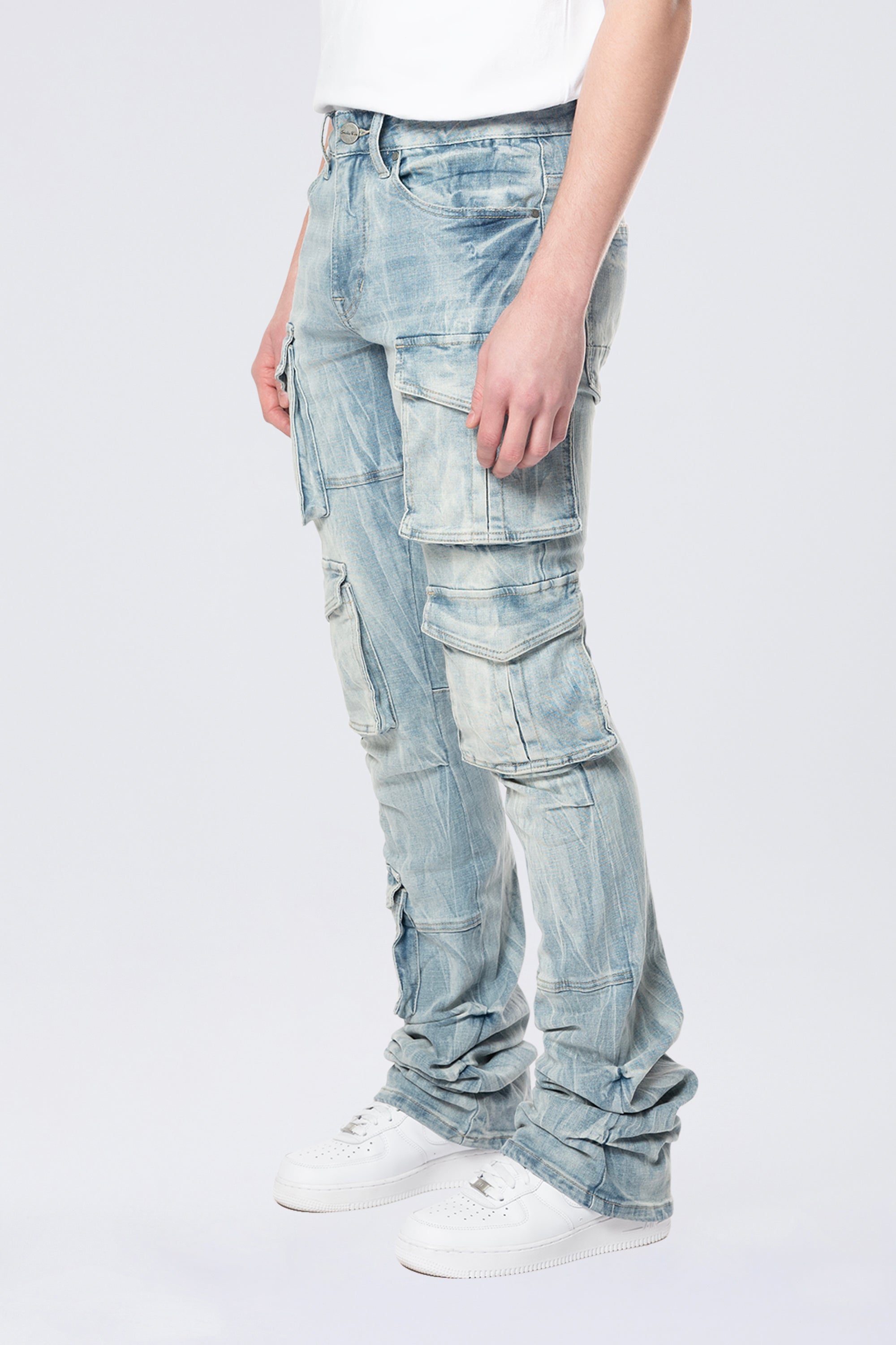 Stacked Flared Multi Pocket Cargo Jeans - Syosett Blue