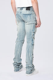 Stacked Flared Multi Pocket Cargo Jeans - Syosett Blue