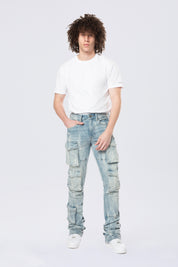 Stacked Flared Multi Pocket Cargo Jeans - Syosett Blue