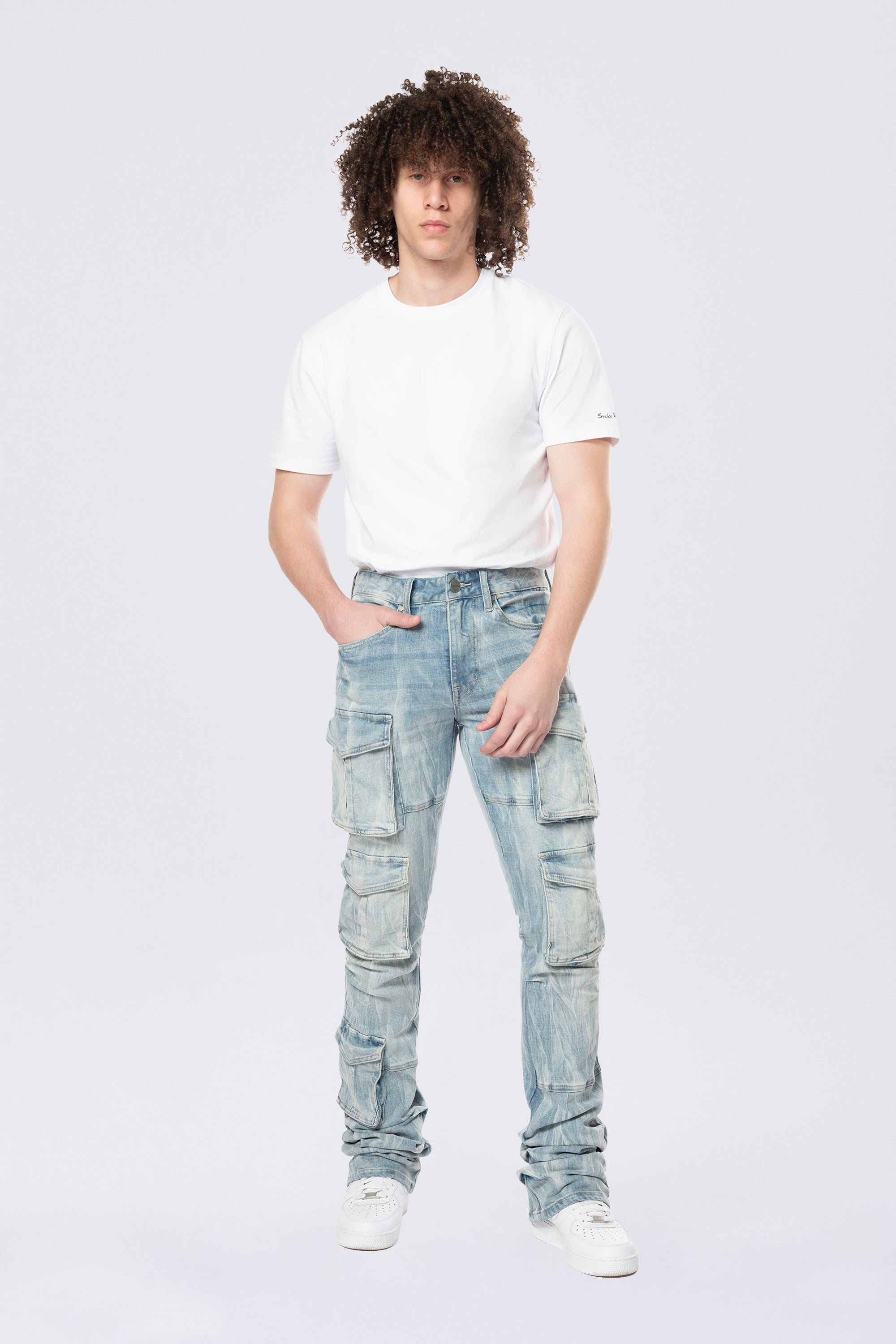 Stacked Flared Multi Pocket Cargo Jeans - Syosett Blue