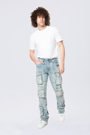 Stacked Flared Multi Pocket Cargo Jeans - Syosett Blue