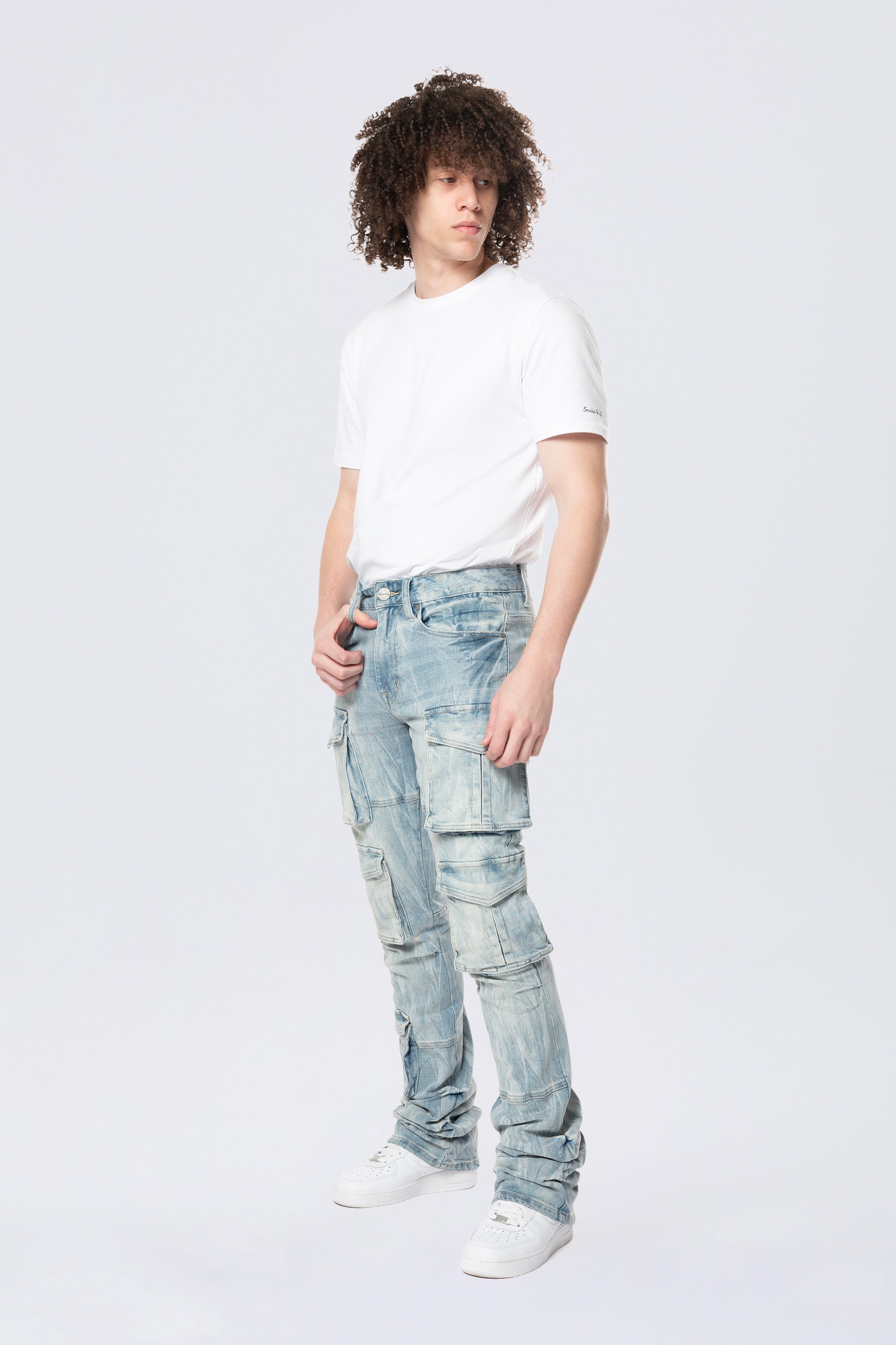 Stacked Flared Multi Pocket Cargo Jeans - Syosett Blue