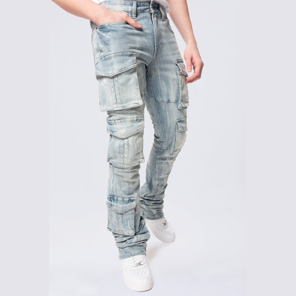 Smoke Rise Stacked Flared Multi Pocket Cargo Jeans - Syosett Blue