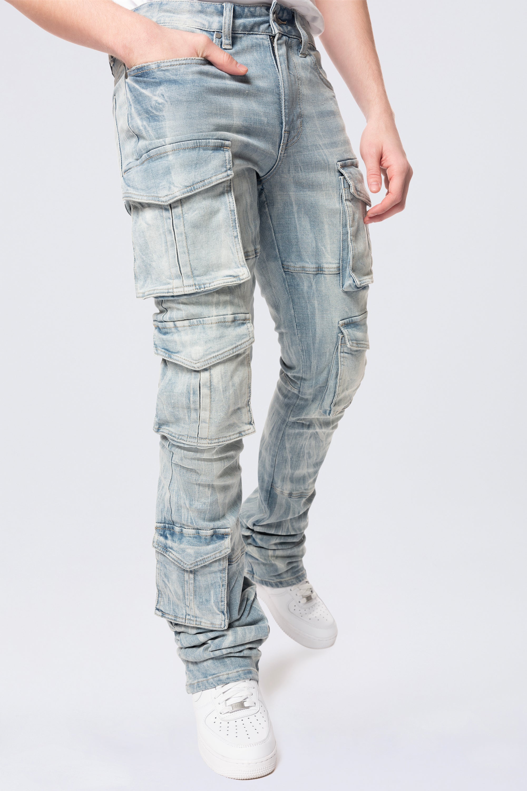 Stacked Flared Multi Pocket Cargo Jeans - Syosett Blue