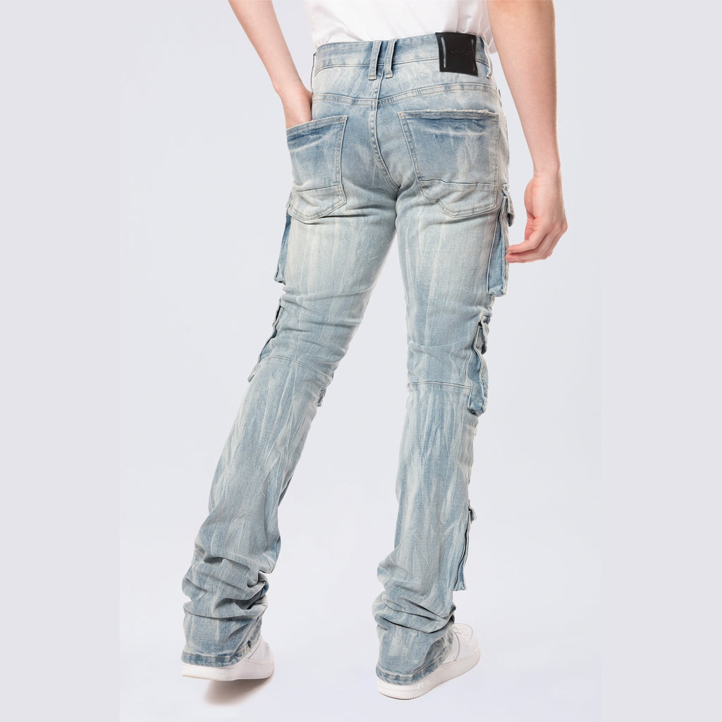 Smoke Rise Stacked Flared Multi Pocket Cargo Jeans - Syosett Blue