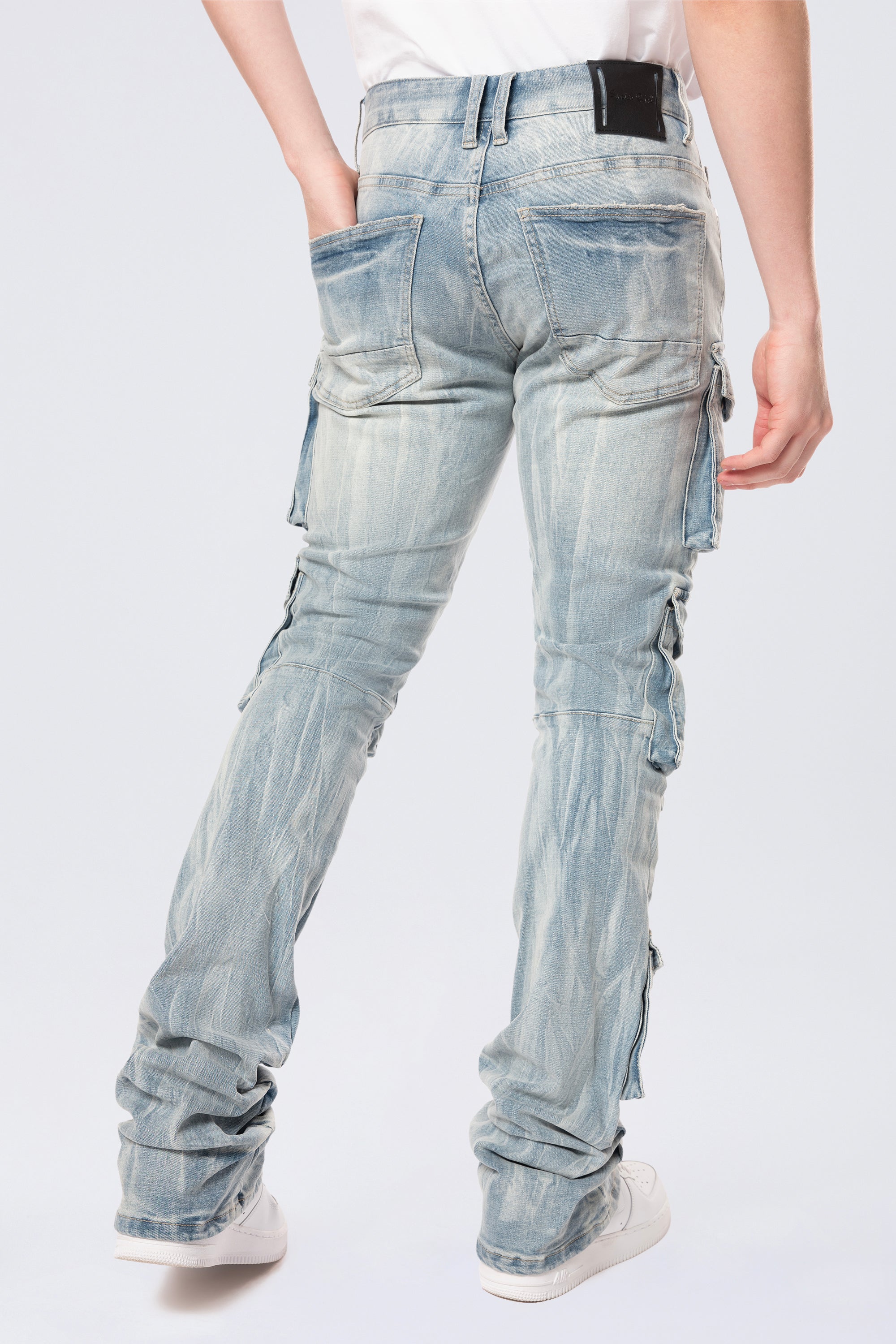 Stacked Flared Multi Pocket Cargo Jeans - Syosett Blue