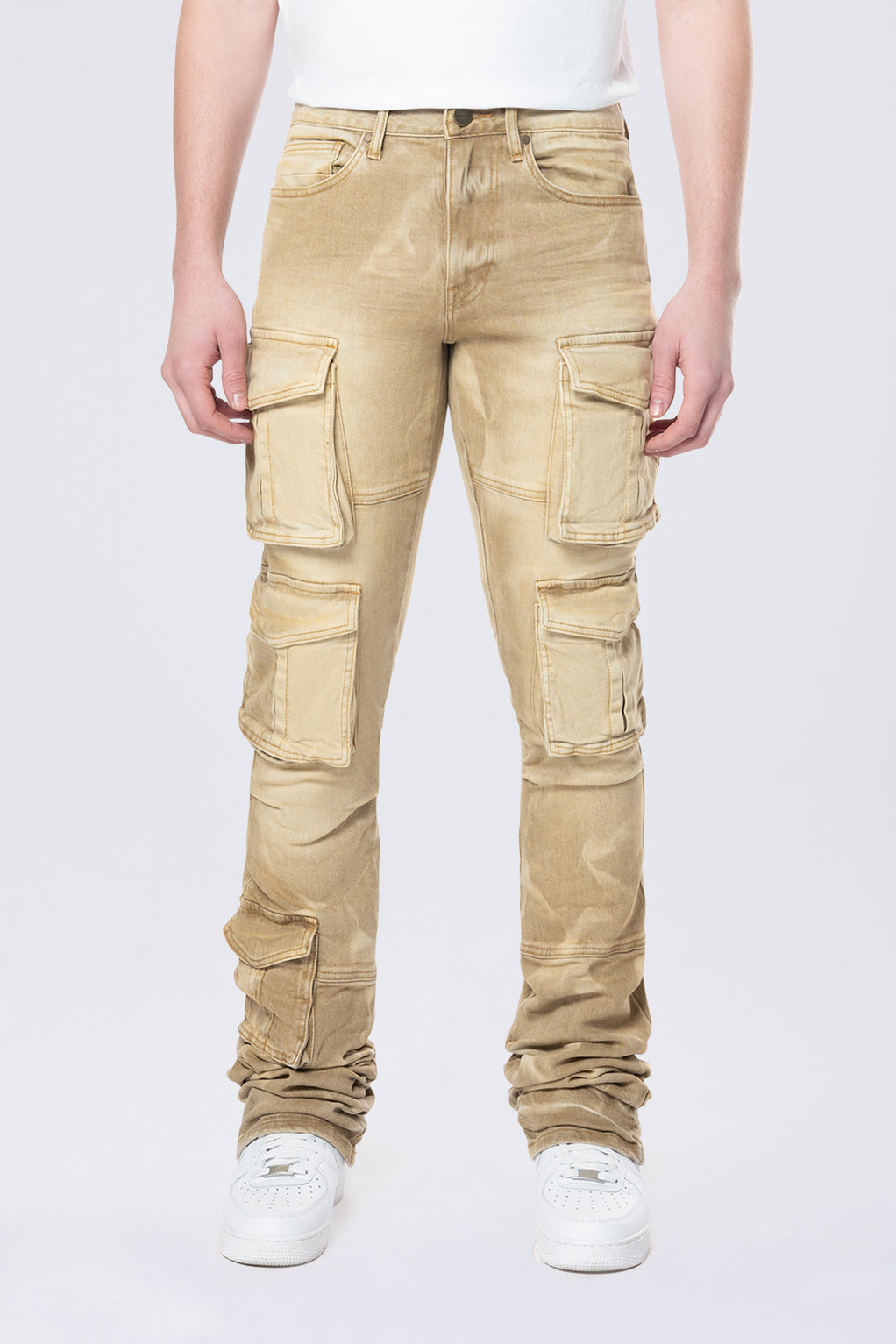 Smoke Rise Stacked Flared Multi Pocket Cargo Jeans - Brulee