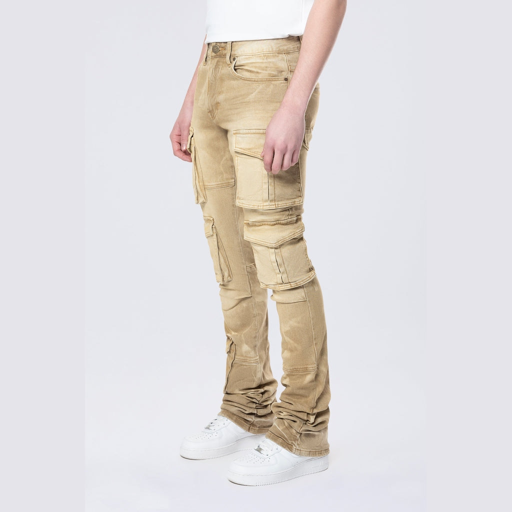 Smoke Rise Stacked Flared Multi Pocket Cargo Jeans - Brulee