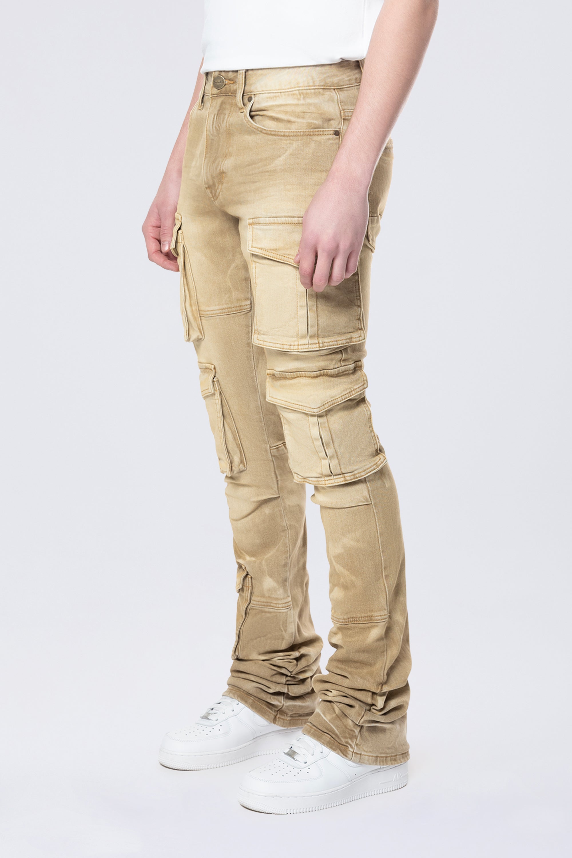 Stacked Flared Multi Pocket Cargo Jeans - Brulee