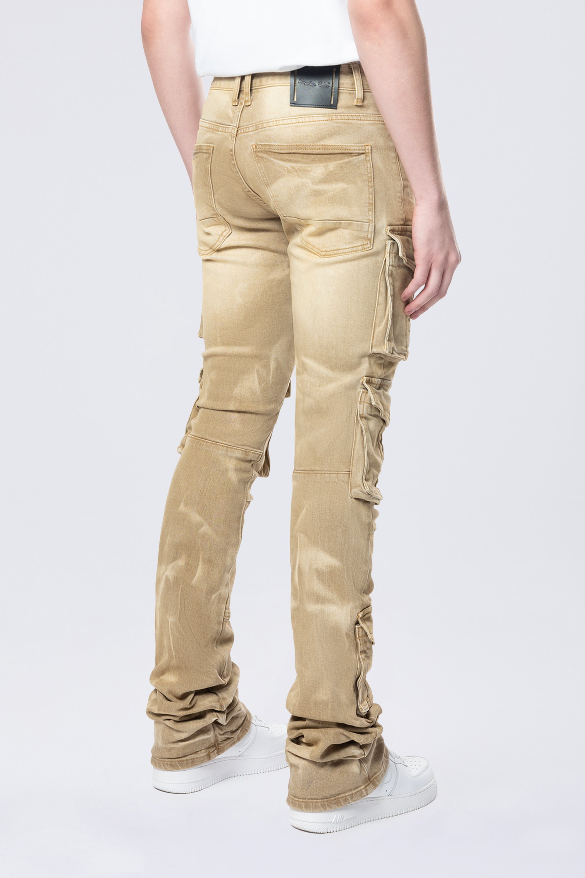 Stacked Flared Multi Pocket Cargo Jeans - Brulee