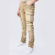 Smoke Rise Stacked Flared Multi Pocket Cargo Jeans - Brulee