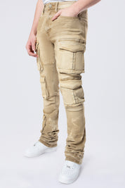 Stacked Flared Multi Pocket Cargo Jeans - Brulee