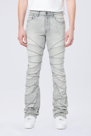 Stacked Flared Pinched Half-Moon Insert Pieced Jeans - Cloud Grey