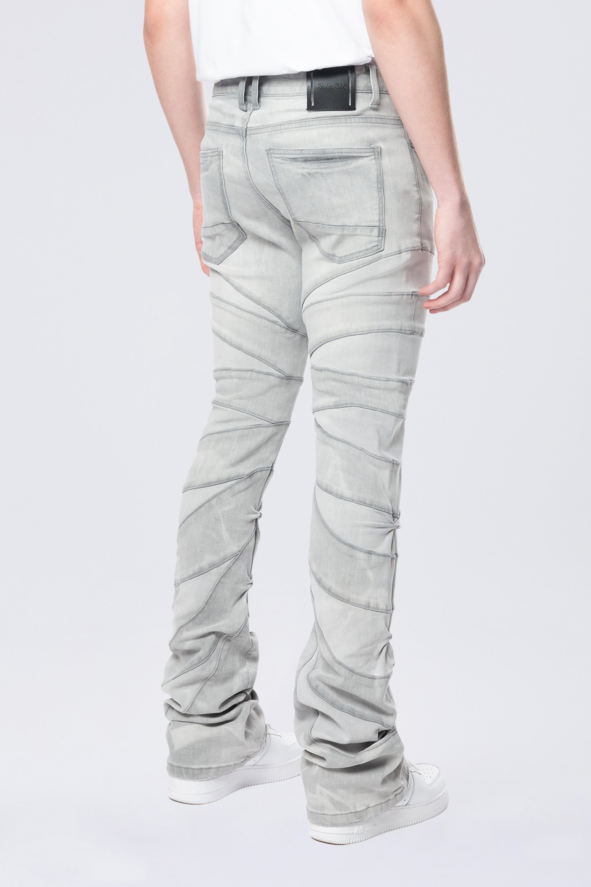 Stacked Flared Pinched Half-Moon Insert Pieced Jeans - Cloud Grey