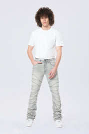 Stacked Flared Pinched Half-Moon Insert Pieced Jeans - Cloud Grey