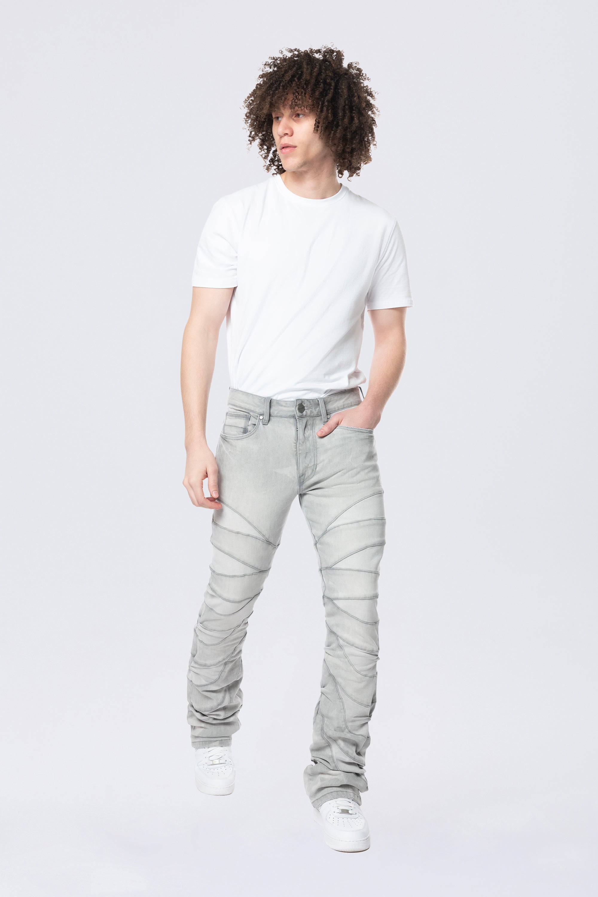 Stacked Flared Pinched Half-Moon Insert Pieced Jeans - Cloud Grey