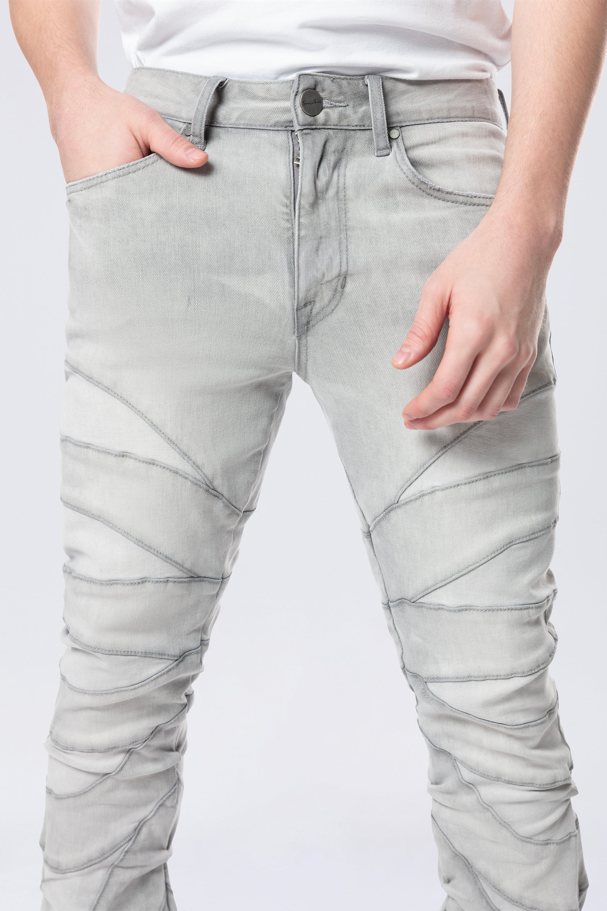 Stacked Flared Pinched Half-Moon Insert Pieced Jeans - Cloud Grey