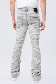 Stacked Flared Pinched Half-Moon Insert Pieced Jeans - Cloud Grey