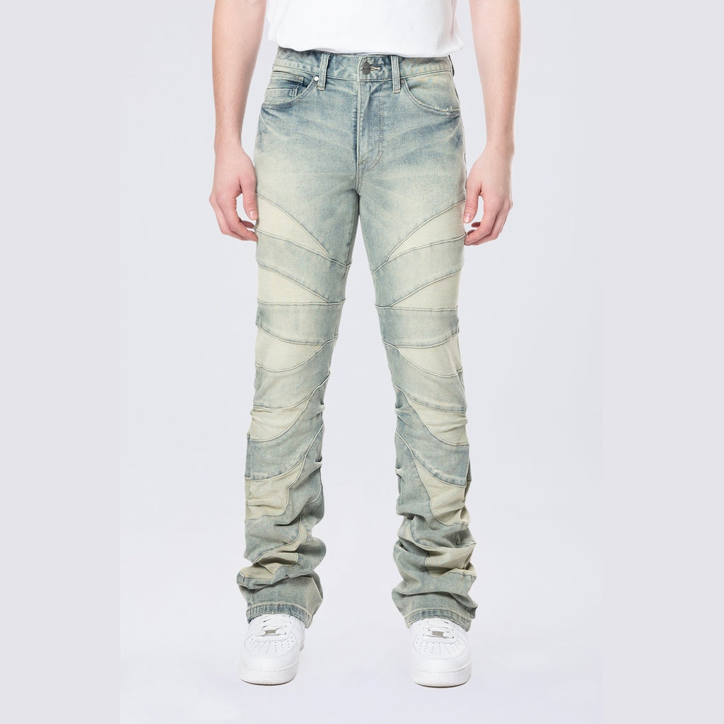 Smoke Rise Stacked Flared Pinched Half-Moon Insert Pieced Jeans - Industrial Blue