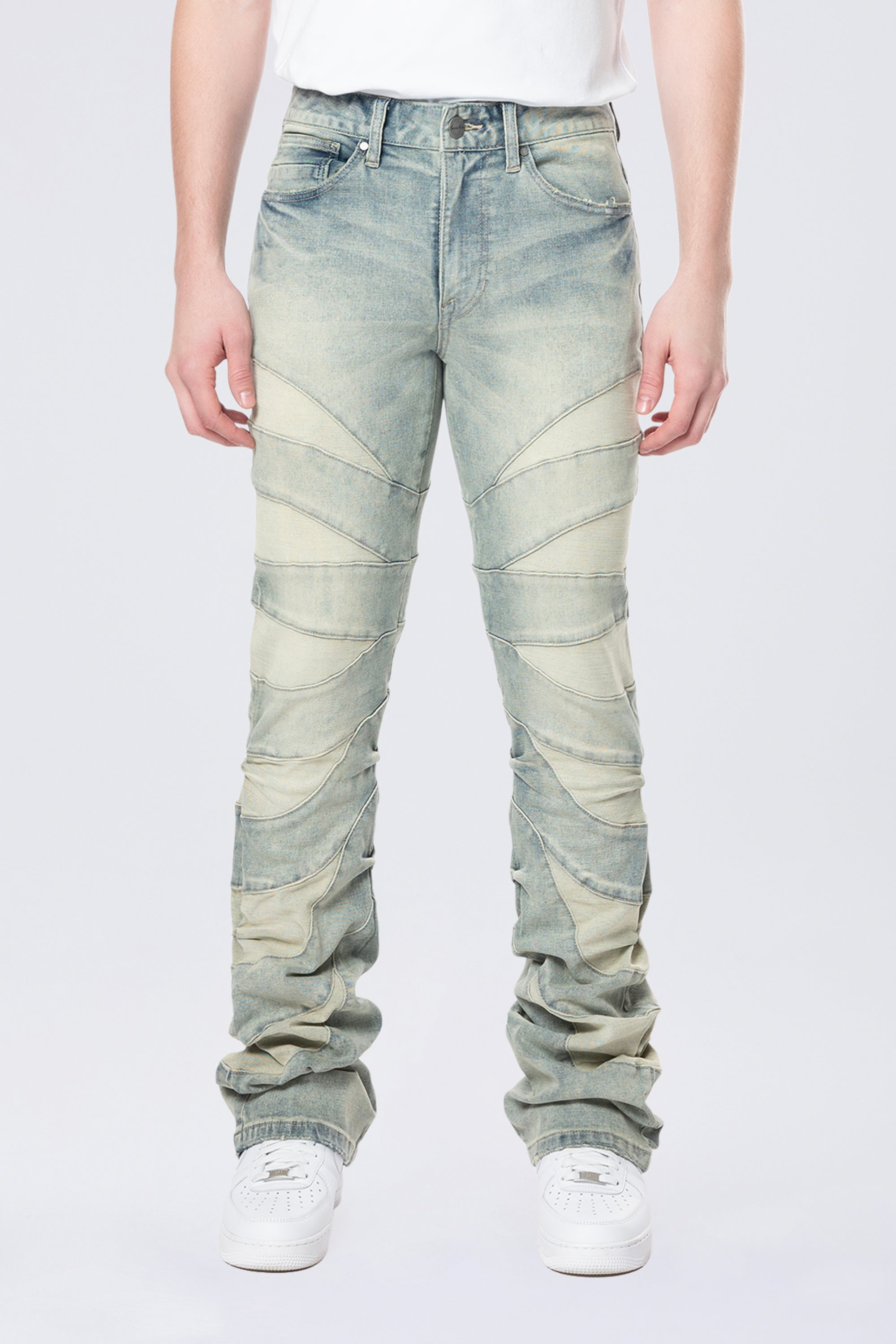 Stacked Flared Pinched Half-Moon Insert Pieced Jeans - Industrial Blue