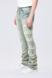 Stacked Flared Pinched Half-Moon Insert Pieced Jeans - Industrial Blue