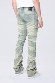 Stacked Flared Pinched Half-Moon Insert Pieced Jeans - Industrial Blue