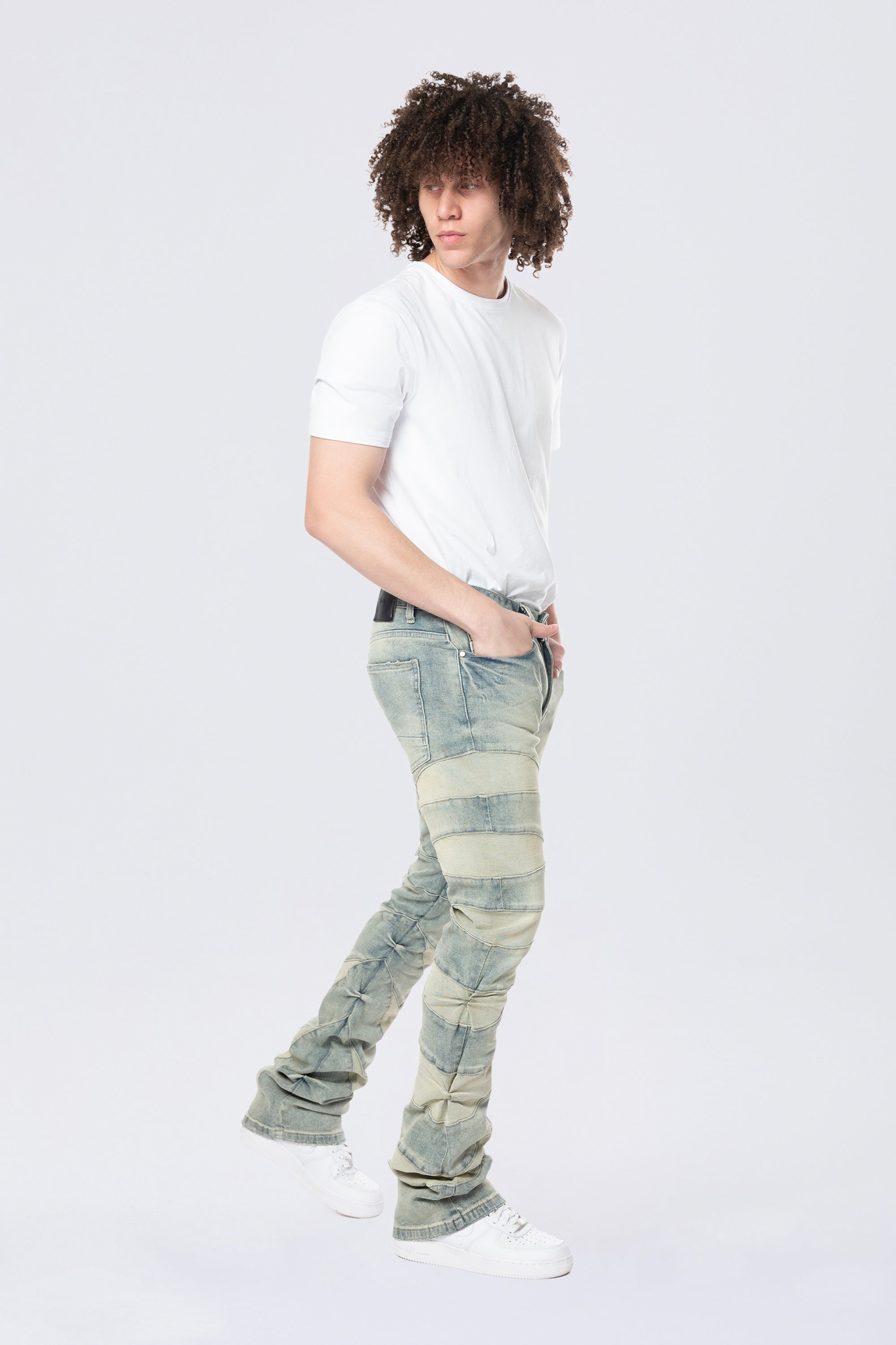 Stacked Flared Pinched Half-Moon Insert Pieced Jeans - Industrial Blue