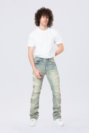 Stacked Flared Pinched Half-Moon Insert Pieced Jeans - Industrial Blue