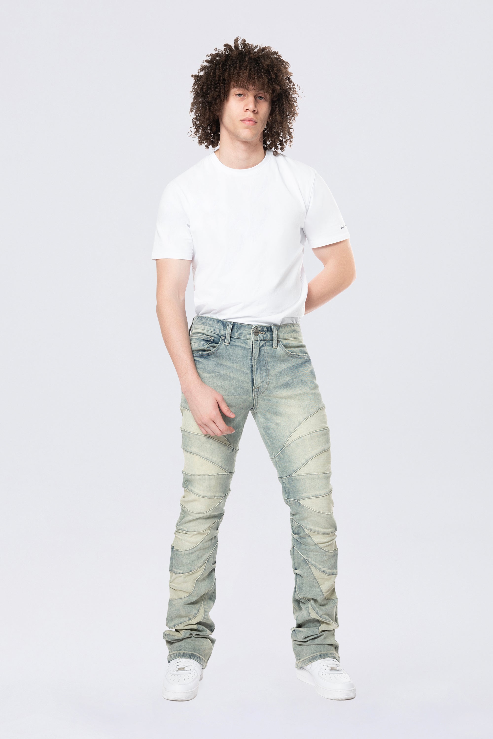 Stacked Flared Pinched Half-Moon Insert Pieced Jeans - Industrial Blue