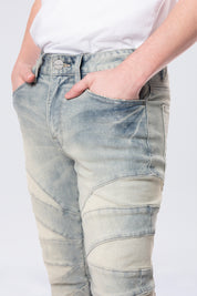 Stacked Flared Pinched Half-Moon Insert Pieced Jeans - Industrial Blue