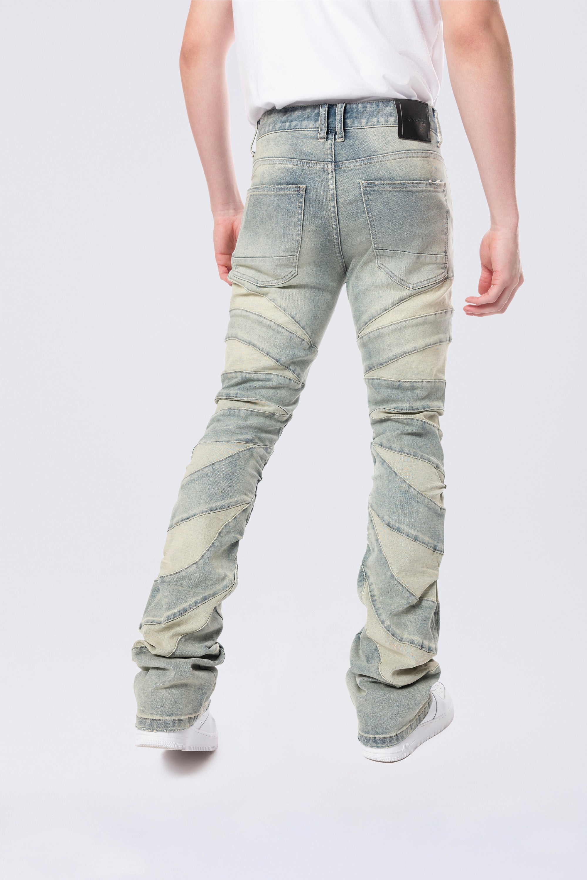 Stacked Flared Pinched Half-Moon Insert Pieced Jeans - Industrial Blue