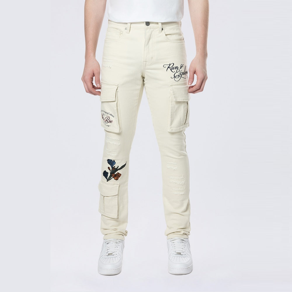 Slim Tapered Embroidered Cargo Twill Pants - Ecru