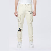 Slim Tapered Embroidered Cargo Twill Pants - Ecru