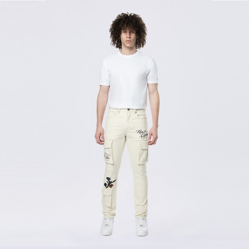 Slim Tapered Embroidered Cargo Twill Pants - Ecru